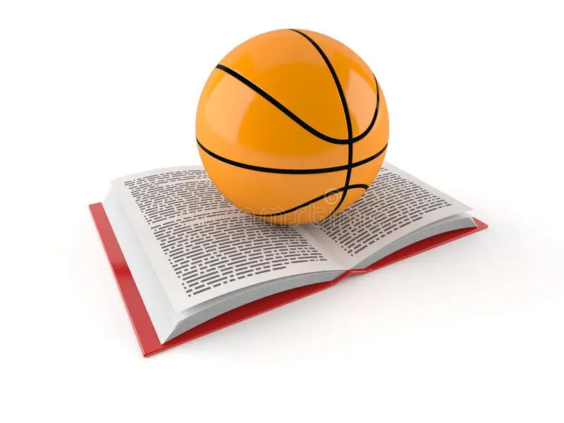 A basketball on top of an open book.